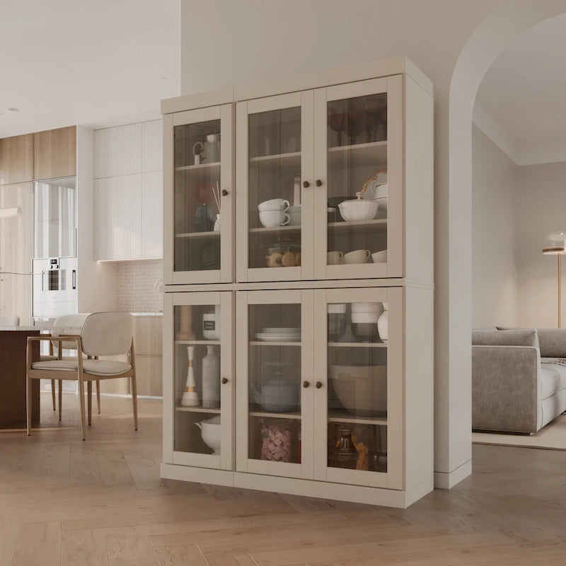Armoire de cuisine en bois massif avec portes vitrées et étagères réglables, coloris vert / noir / sauge / gris / moka / jaune / aqua / bleu sarcelle / blanc / bleu antique / beige / marine