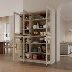Armoire de cuisine en bois massif avec portes vitrées et étagères réglables, coloris vert / noir / sauge / gris / moka / jaune / aqua / bleu sarcelle / blanc / bleu antique / beige / marine