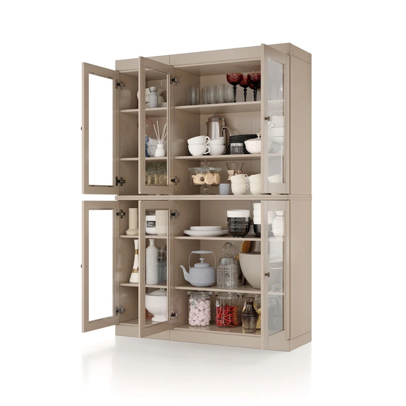 Armoire de cuisine en bois massif avec portes vitrées et étagères réglables, coloris vert / noir / sauge / gris / moka / jaune / aqua / bleu sarcelle / blanc / bleu antique / beige / marine