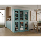 Armoire de cuisine en bois massif avec portes vitrées et étagères réglables, coloris vert / noir / sauge / gris / moka / jaune / aqua / bleu sarcelle / blanc / bleu antique / beige / marine