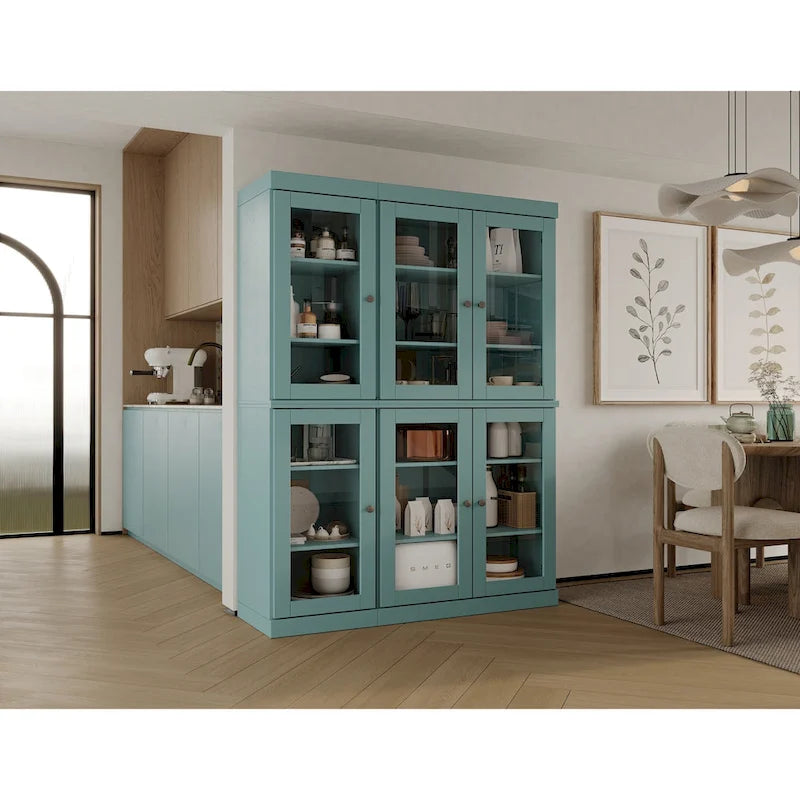 Armoire de cuisine en bois massif avec portes vitrées et étagères réglables, coloris vert / noir / sauge / gris / moka / jaune / aqua / bleu sarcelle / blanc / bleu antique / beige / marine