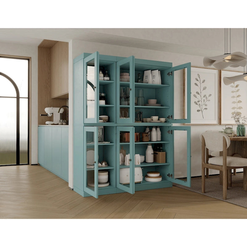 Armoire de cuisine en bois massif avec portes vitrées et étagères réglables, coloris vert / noir / sauge / gris / moka / jaune / aqua / bleu sarcelle / blanc / bleu antique / beige / marine