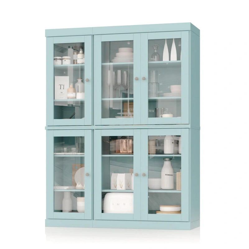 Armoire de cuisine en bois massif avec portes vitrées et étagères réglables, coloris vert / noir / sauge / gris / moka / jaune / aqua / bleu sarcelle / blanc / bleu antique / beige / marine