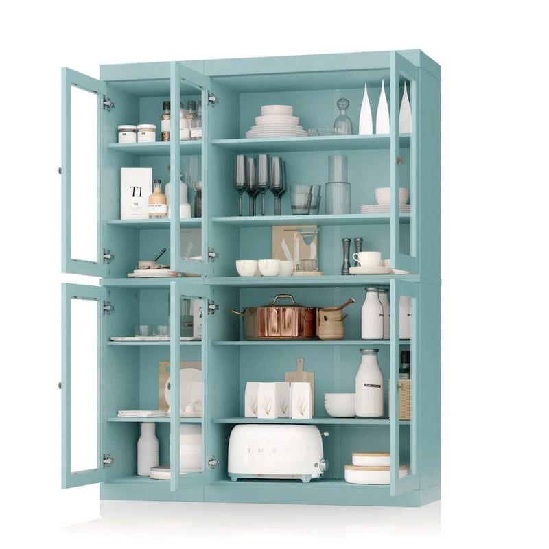 Armoire de cuisine en bois massif avec portes vitrées et étagères réglables, coloris vert / noir / sauge / gris / moka / jaune / aqua / bleu sarcelle / blanc / bleu antique / beige / marine