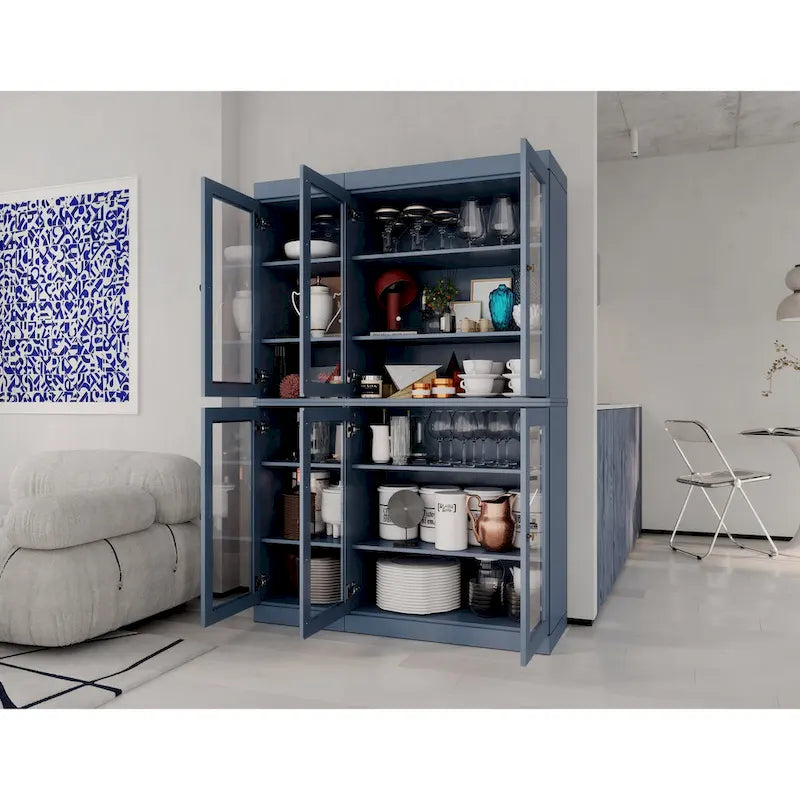 Armoire de cuisine en bois massif avec portes vitrées et étagères réglables, coloris vert / noir / sauge / gris / moka / jaune / aqua / bleu sarcelle / blanc / bleu antique / beige / marine