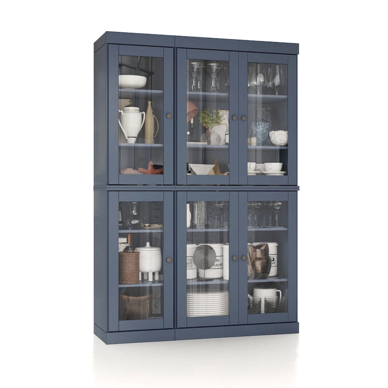 Armoire de cuisine en bois massif avec portes vitrées et étagères réglables, coloris vert / noir / sauge / gris / moka / jaune / aqua / bleu sarcelle / blanc / bleu antique / beige / marine