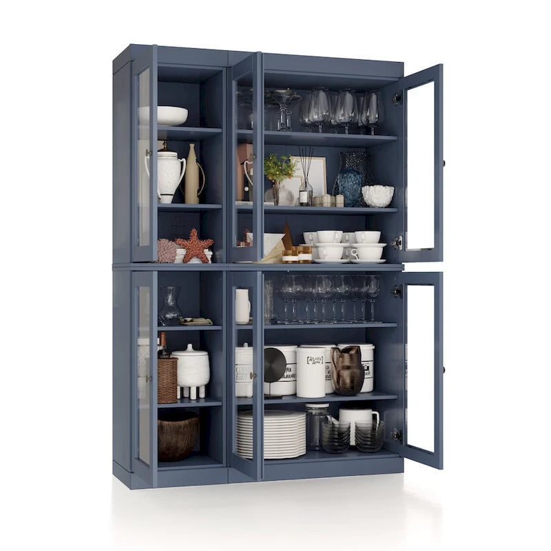 Armoire de cuisine en bois massif avec portes vitrées et étagères réglables, coloris vert / noir / sauge / gris / moka / jaune / aqua / bleu sarcelle / blanc / bleu antique / beige / marine