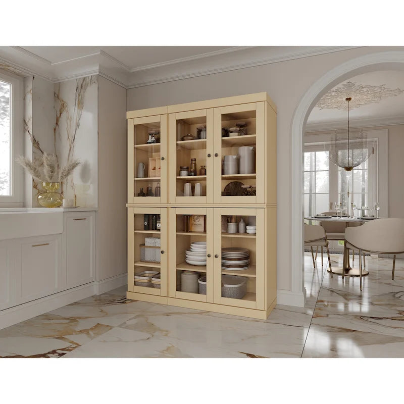 Armoire de cuisine en bois massif avec portes vitrées et étagères réglables, coloris vert / noir / sauge / gris / moka / jaune / aqua / bleu sarcelle / blanc / bleu antique / beige / marine