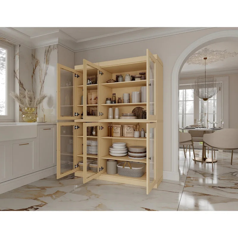 Armoire de cuisine en bois massif avec portes vitrées et étagères réglables, coloris vert / noir / sauge / gris / moka / jaune / aqua / bleu sarcelle / blanc / bleu antique / beige / marine