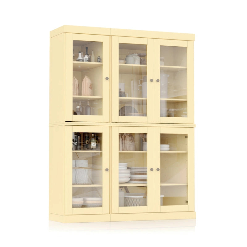Armoire de cuisine en bois massif avec portes vitrées et étagères réglables, coloris vert / noir / sauge / gris / moka / jaune / aqua / bleu sarcelle / blanc / bleu antique / beige / marine