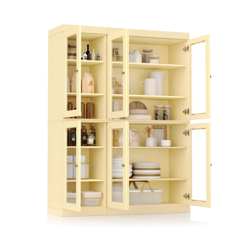 Armoire de cuisine en bois massif avec portes vitrées et étagères réglables, coloris vert / noir / sauge / gris / moka / jaune / aqua / bleu sarcelle / blanc / bleu antique / beige / marine