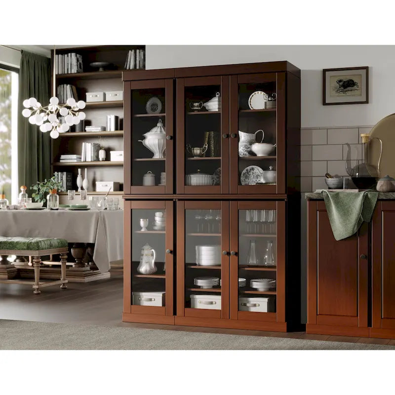 Armoire de cuisine en bois massif avec portes vitrées et étagères réglables, coloris vert / noir / sauge / gris / moka / jaune / aqua / bleu sarcelle / blanc / bleu antique / beige / marine