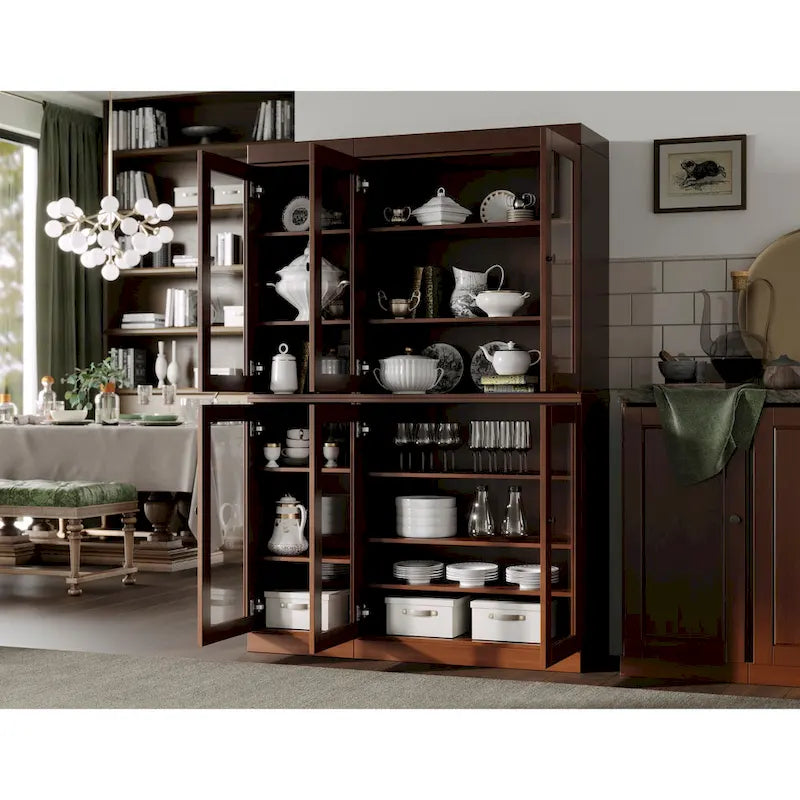Armoire de cuisine en bois massif avec portes vitrées et étagères réglables, coloris vert / noir / sauge / gris / moka / jaune / aqua / bleu sarcelle / blanc / bleu antique / beige / marine