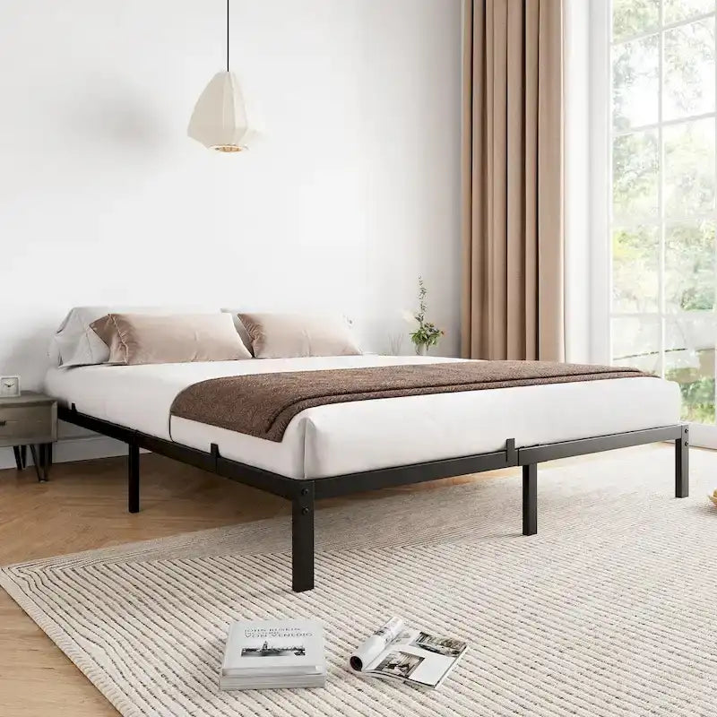 Cadre de lit plateforme en métal noir, aucun sommier tapissier requis – Simple/Double/Queen/King, 1-2 personnes