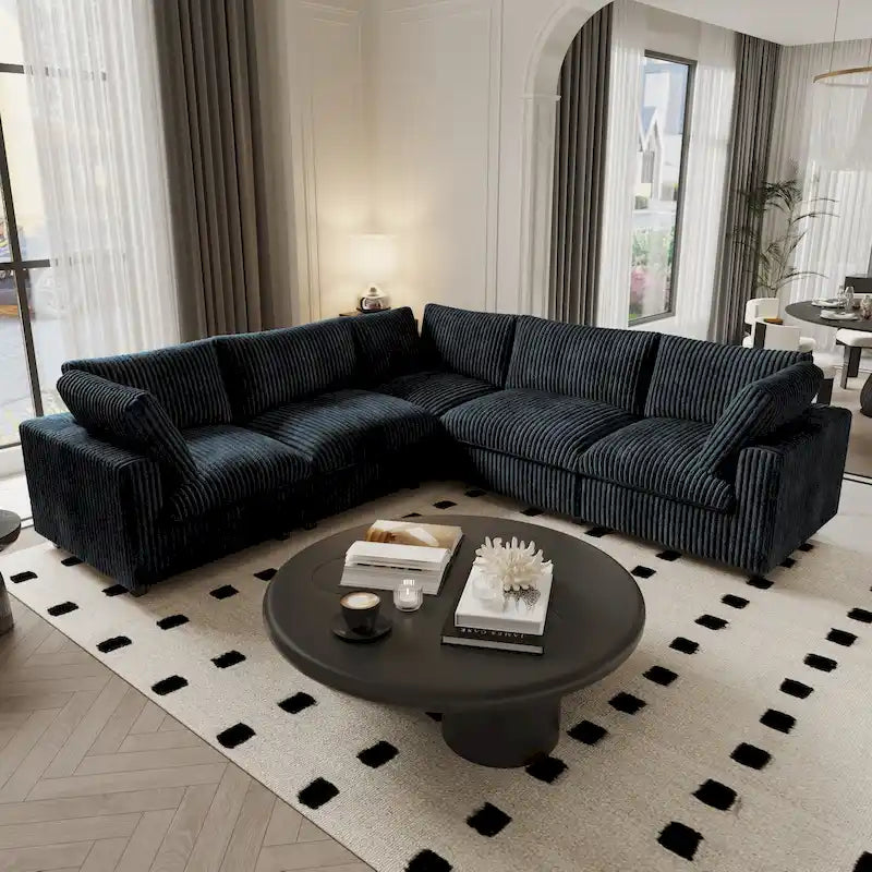 Canapé sectionnel modulaire noir/beige/havane/gris, en V, 5 places