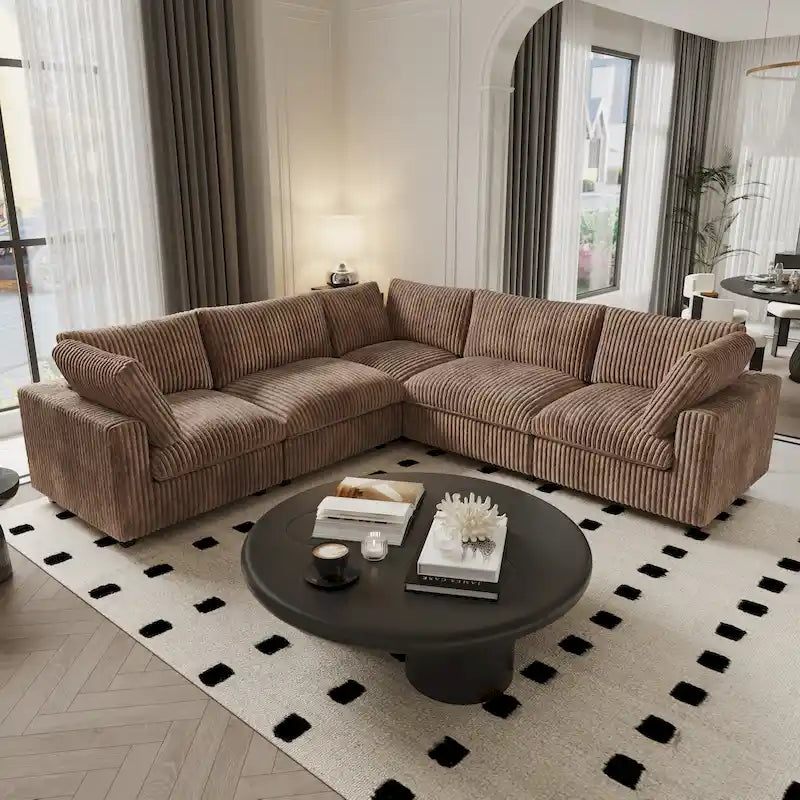 Canapé sectionnel modulaire noir/beige/havane/gris, en V, 5 places