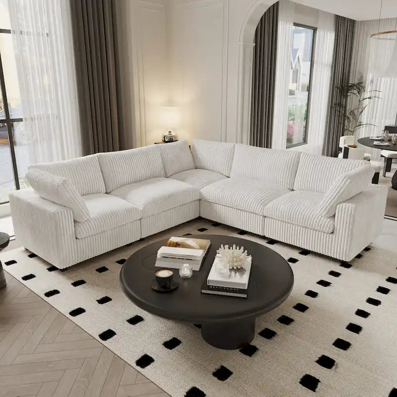 Canapé sectionnel modulaire noir/beige/havane/gris, en V, 5 places