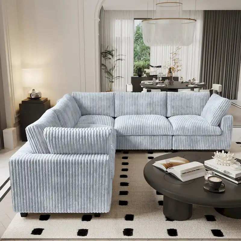 Canapé sectionnel modulaire noir/beige/havane/gris, en V, 5 places