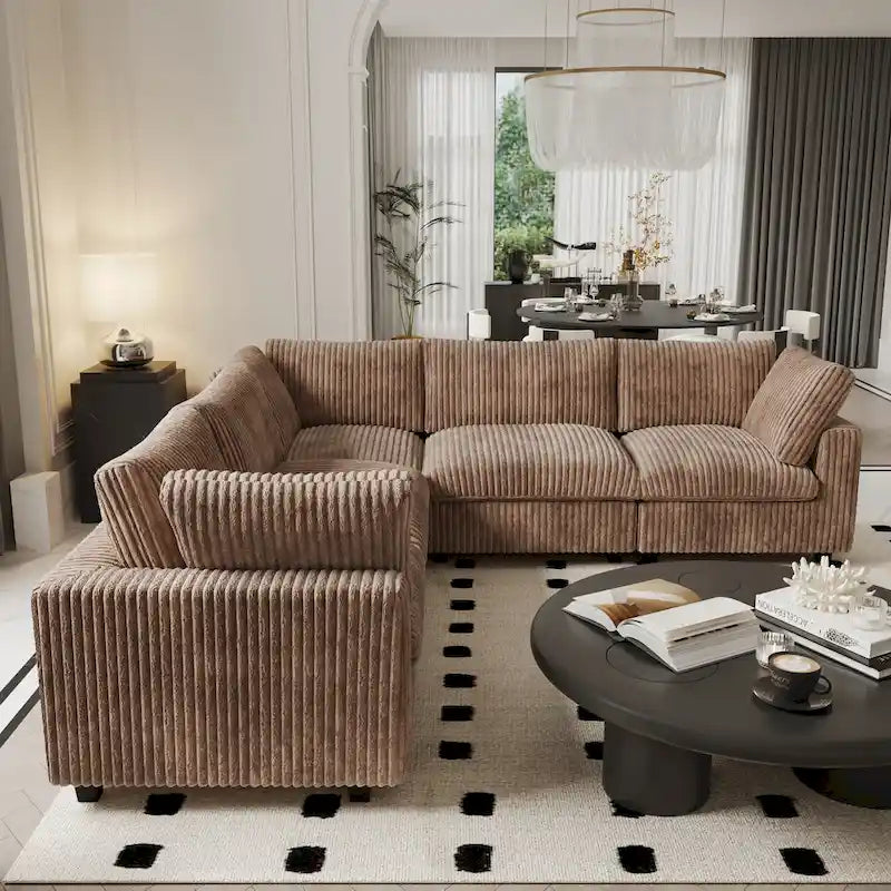 Canapé sectionnel modulaire noir/beige/havane/gris, en V, 5 places
