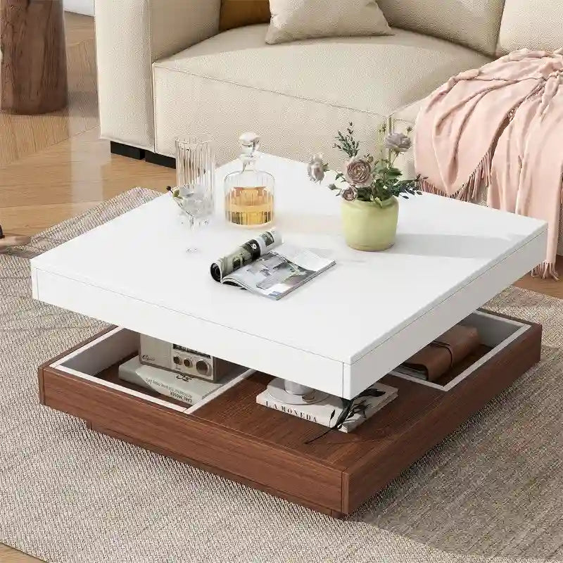 Table basse carrée rotative à 360° en Noyer Blanc et Noyer Noir / Noyer Foncé avec 3 Plateaux Amovibles, 2 Niveaux