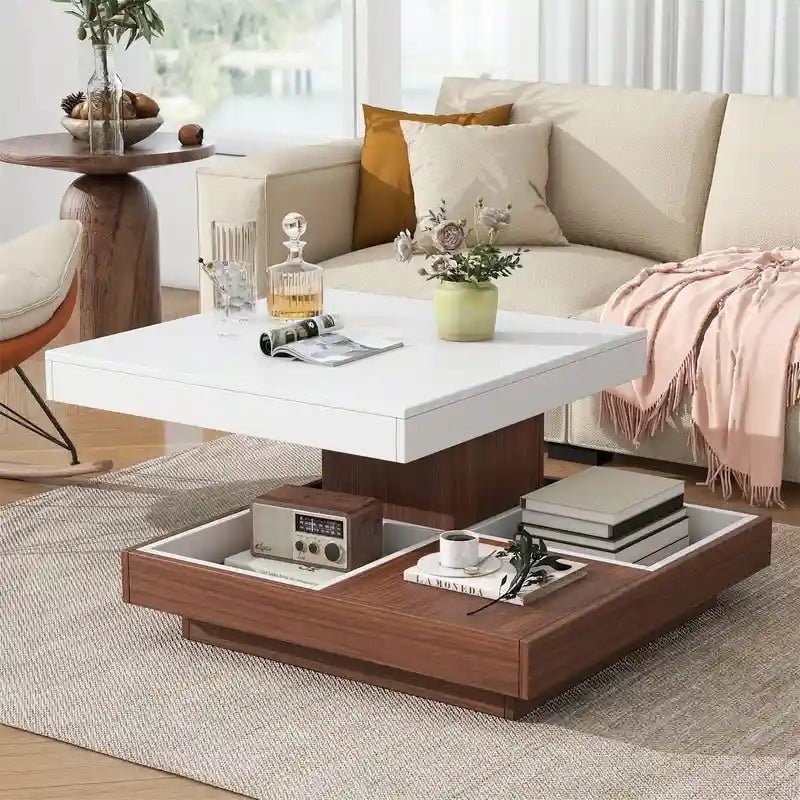 Table basse carrée rotative à 360° en Noyer Blanc et Noyer Noir / Noyer Foncé avec 3 Plateaux Amovibles, 2 Niveaux