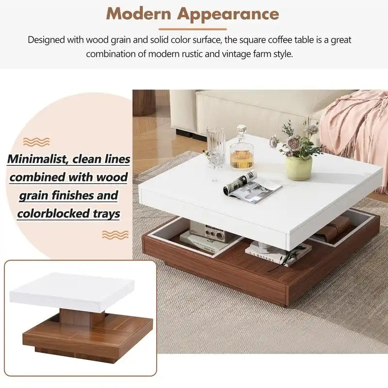 Table basse carrée rotative à 360° en Noyer Blanc et Noyer Noir / Noyer Foncé avec 3 Plateaux Amovibles, 2 Niveaux