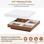 Table basse carrée rotative à 360° en Noyer Blanc et Noyer Noir / Noyer Foncé avec 3 Plateaux Amovibles, 2 Niveaux