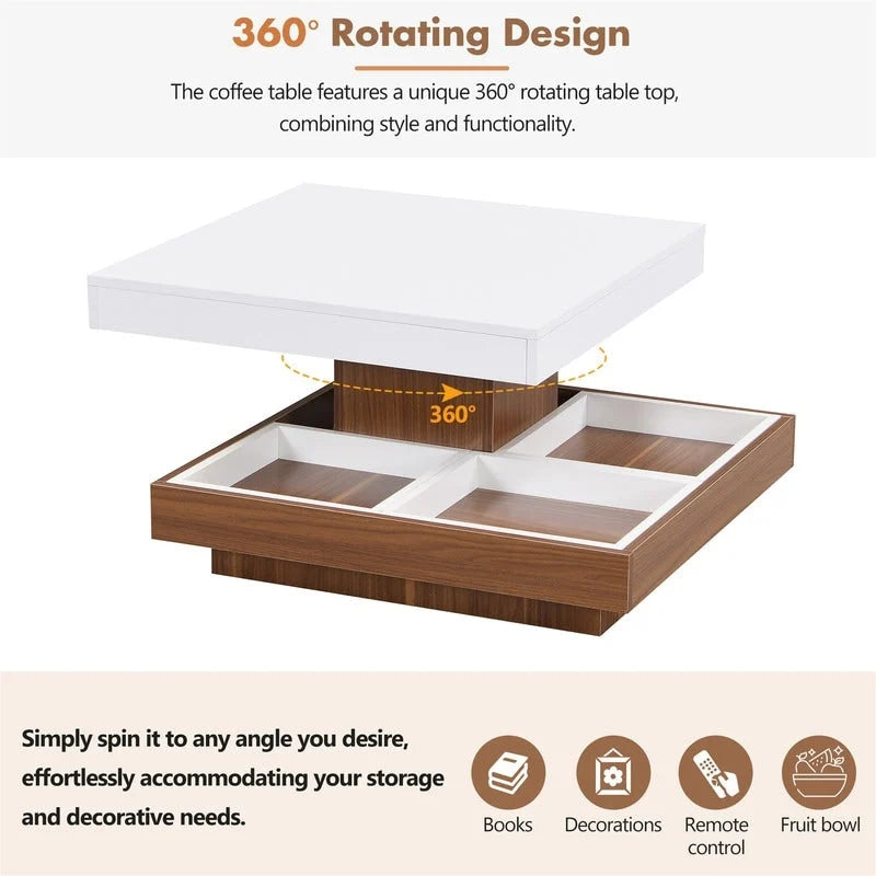 Table basse carrée rotative à 360° en Noyer Blanc et Noyer Noir / Noyer Foncé avec 3 Plateaux Amovibles, 2 Niveaux