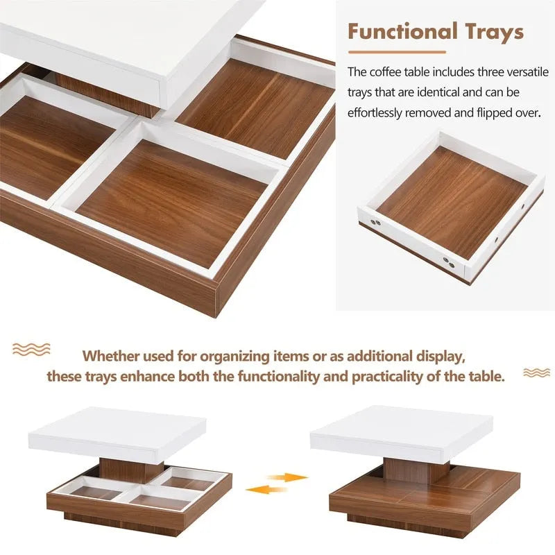 Table basse carrée rotative à 360° en Noyer Blanc et Noyer Noir / Noyer Foncé avec 3 Plateaux Amovibles, 2 Niveaux