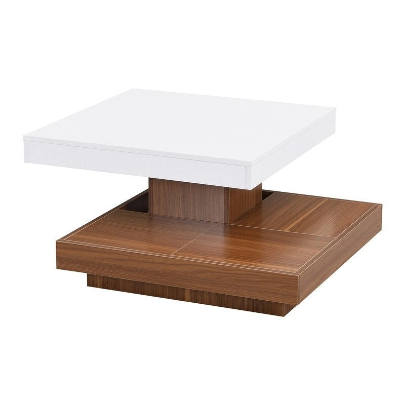 Table basse carrée rotative à 360° en Noyer Blanc et Noyer Noir / Noyer Foncé avec 3 Plateaux Amovibles, 2 Niveaux
