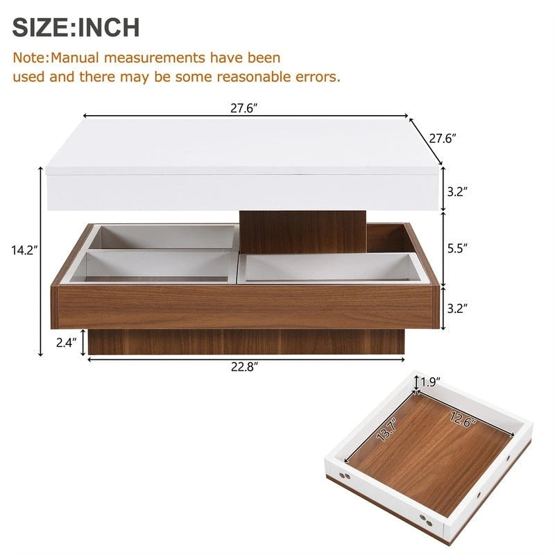 Table basse carrée rotative à 360° en Noyer Blanc et Noyer Noir / Noyer Foncé avec 3 Plateaux Amovibles, 2 Niveaux