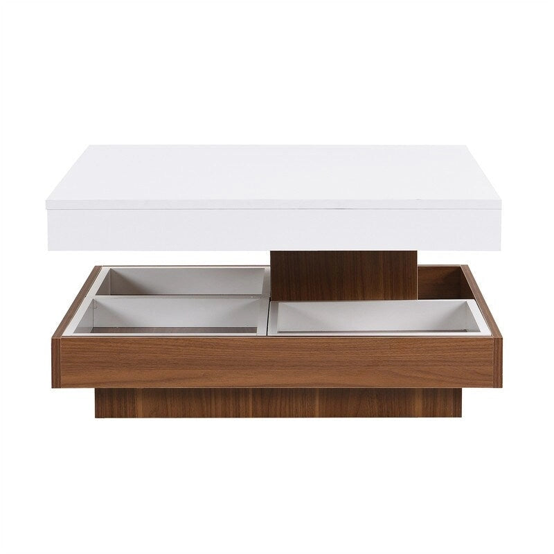 Table basse carrée rotative à 360° en Noyer Blanc et Noyer Noir / Noyer Foncé avec 3 Plateaux Amovibles, 2 Niveaux