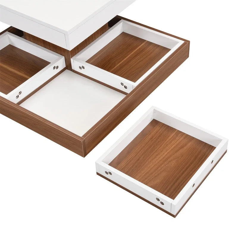 Table basse carrée rotative à 360° en Noyer Blanc et Noyer Noir / Noyer Foncé avec 3 Plateaux Amovibles, 2 Niveaux