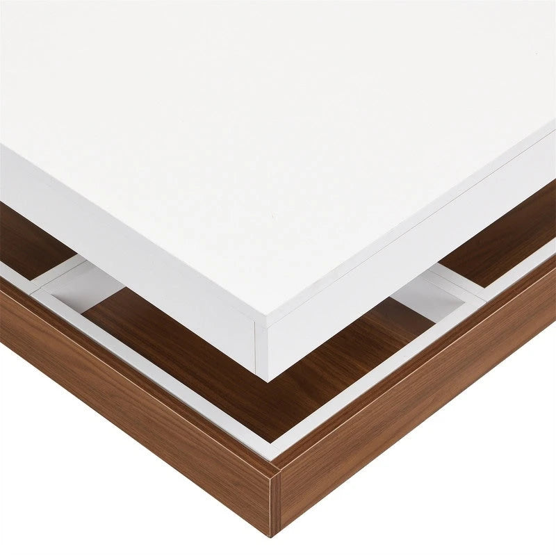 Table basse carrée rotative à 360° en Noyer Blanc et Noyer Noir / Noyer Foncé avec 3 Plateaux Amovibles, 2 Niveaux