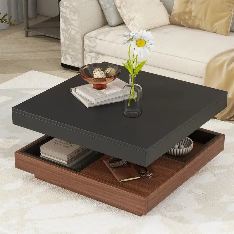 Table basse carrée rotative à 360° en Noyer Blanc et Noyer Noir / Noyer Foncé avec 3 Plateaux Amovibles, 2 Niveaux