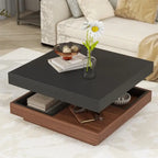 Table basse carrée rotative à 360° en Noyer Blanc et Noyer Noir / Noyer Foncé avec 3 Plateaux Amovibles, 2 Niveaux