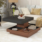 Table basse carrée rotative à 360° en Noyer Blanc et Noyer Noir / Noyer Foncé avec 3 Plateaux Amovibles, 2 Niveaux