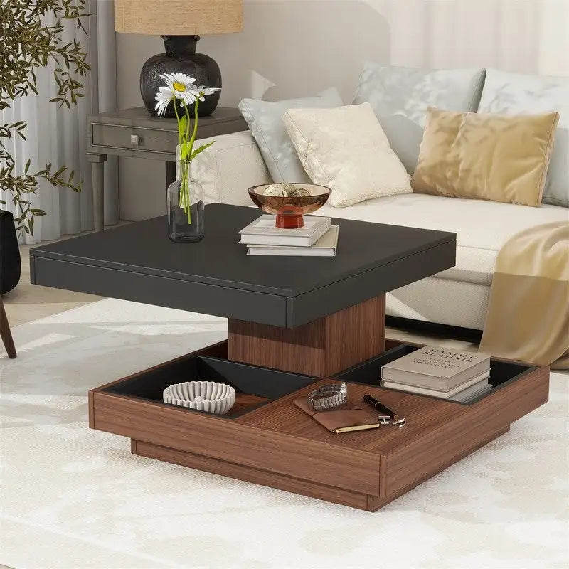 Table basse carrée rotative à 360° en Noyer Blanc et Noyer Noir / Noyer Foncé avec 3 Plateaux Amovibles, 2 Niveaux