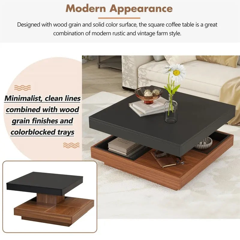 Table basse carrée rotative à 360° en Noyer Blanc et Noyer Noir / Noyer Foncé avec 3 Plateaux Amovibles, 2 Niveaux