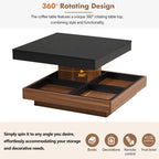 Table basse carrée rotative à 360° en Noyer Blanc et Noyer Noir / Noyer Foncé avec 3 Plateaux Amovibles, 2 Niveaux