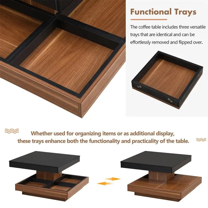 Table basse carrée rotative à 360° en Noyer Blanc et Noyer Noir / Noyer Foncé avec 3 Plateaux Amovibles, 2 Niveaux