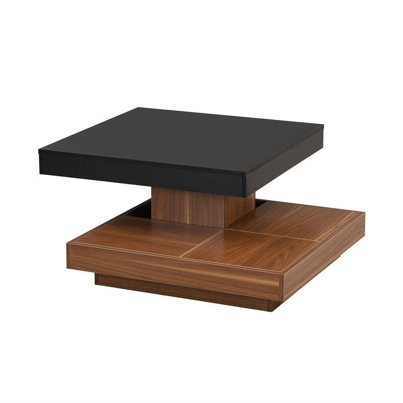 Table basse carrée rotative à 360° en Noyer Blanc et Noyer Noir / Noyer Foncé avec 3 Plateaux Amovibles, 2 Niveaux