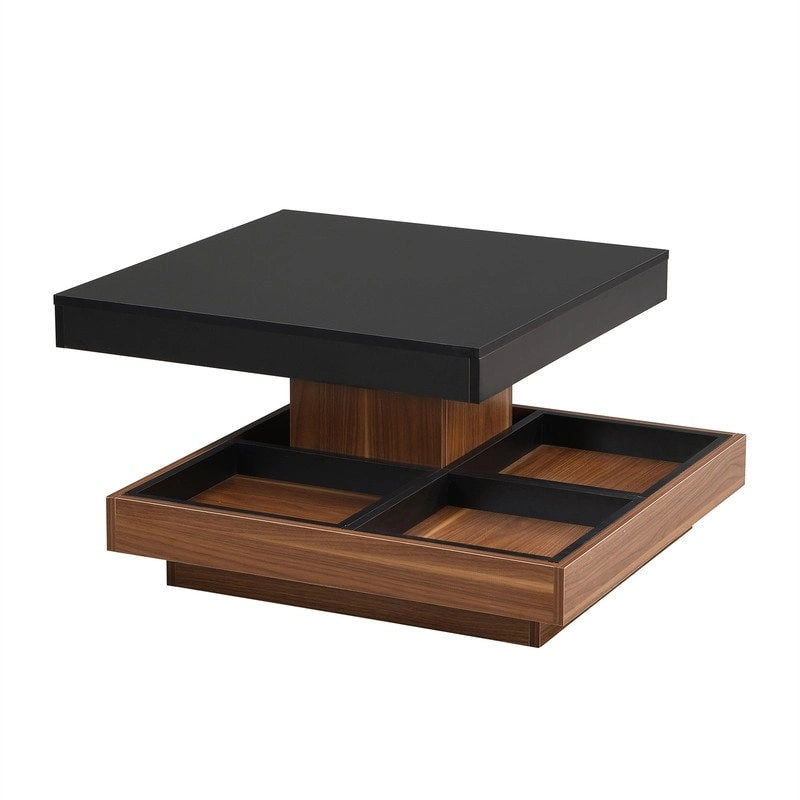 Table basse carrée rotative à 360° en Noyer Blanc et Noyer Noir / Noyer Foncé avec 3 Plateaux Amovibles, 2 Niveaux