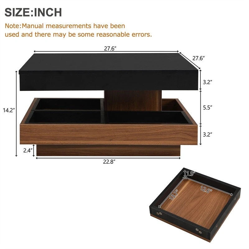 Table basse carrée rotative à 360° en Noyer Blanc et Noyer Noir / Noyer Foncé avec 3 Plateaux Amovibles, 2 Niveaux