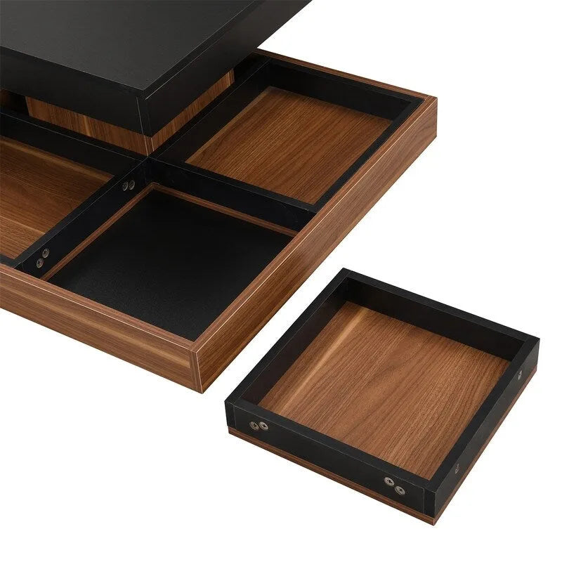Table basse carrée rotative à 360° en Noyer Blanc et Noyer Noir / Noyer Foncé avec 3 Plateaux Amovibles, 2 Niveaux