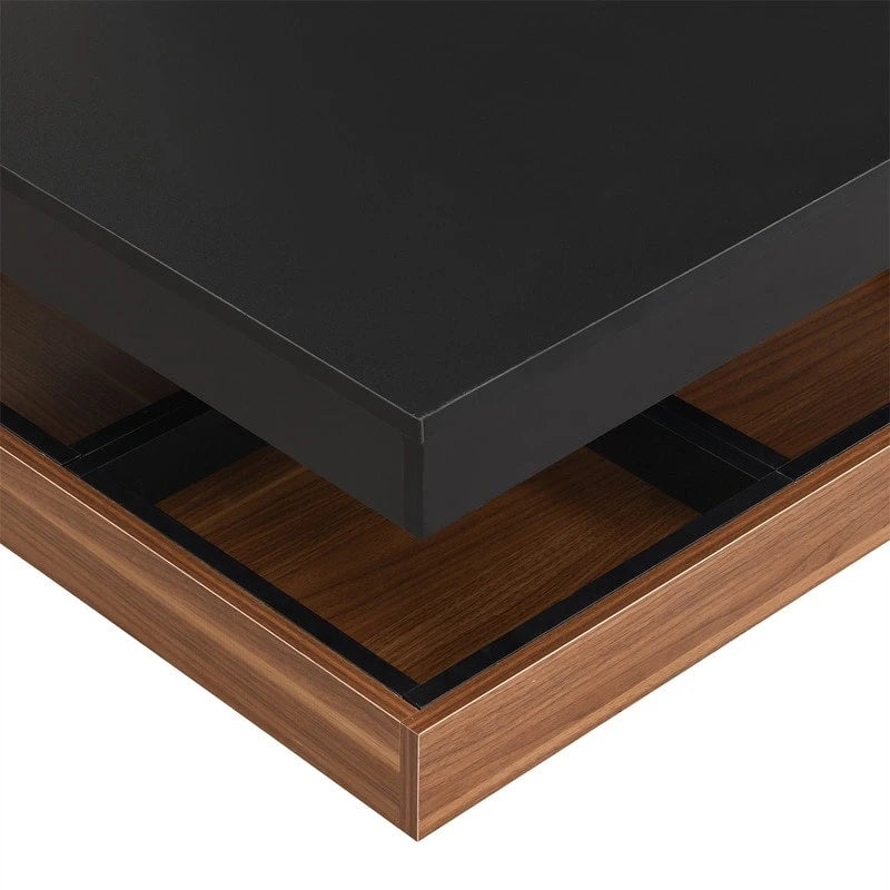 Table basse carrée rotative à 360° en Noyer Blanc et Noyer Noir / Noyer Foncé avec 3 Plateaux Amovibles, 2 Niveaux