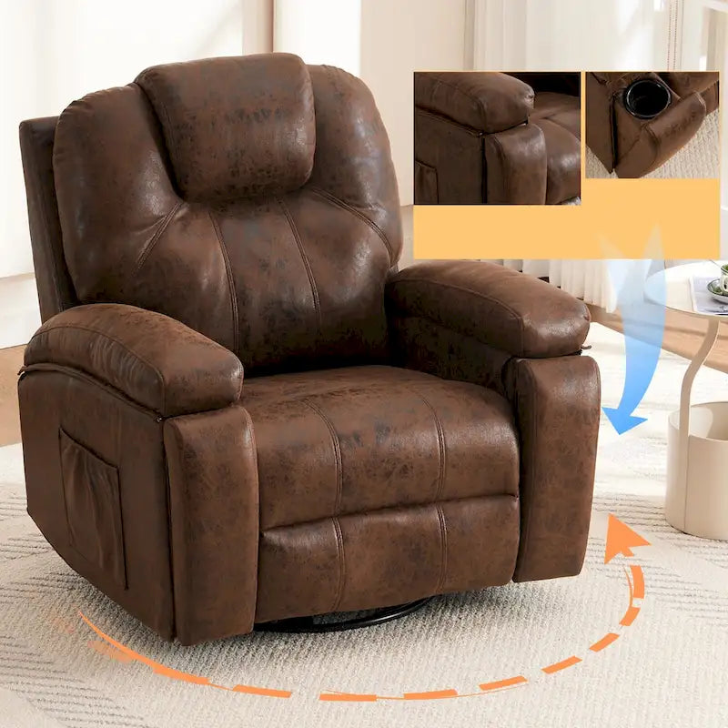 Fauteuil inclinable pivotant surdimensionné marron avec porte-gobelet et poche latérale, 1 place
