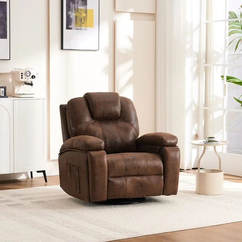 Fauteuil inclinable pivotant surdimensionné marron avec porte-gobelet et poche latérale, 1 place