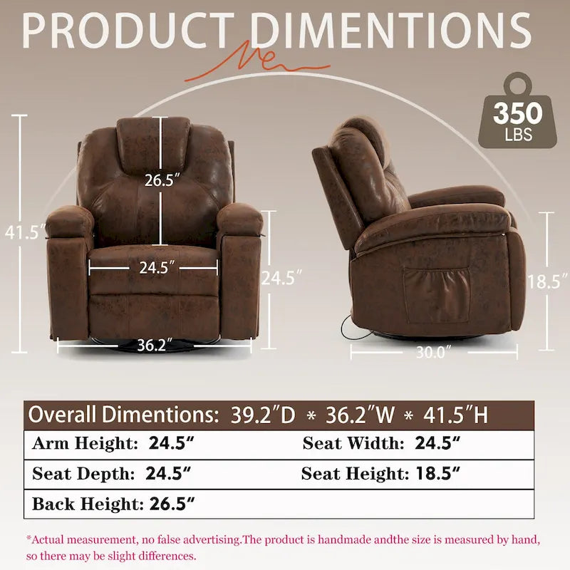 Fauteuil inclinable pivotant surdimensionné marron avec porte-gobelet et poche latérale, 1 place