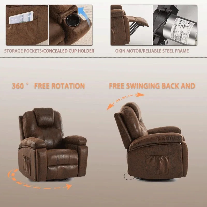 Fauteuil inclinable pivotant surdimensionné marron avec porte-gobelet et poche latérale, 1 place